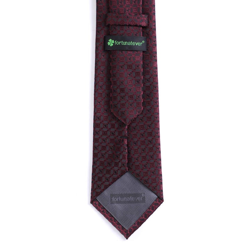 fortunatever Burgundy Men's Handmade Ties,Checkered Pattern Neckties With Black Dots(58") - Image 2